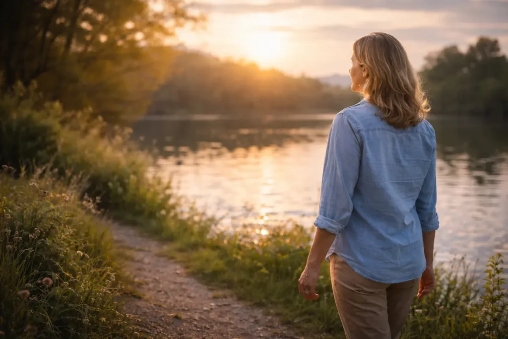 Femme marchant sereinement dans la nature après avoir retrouvé un équilibre face au stress permanent