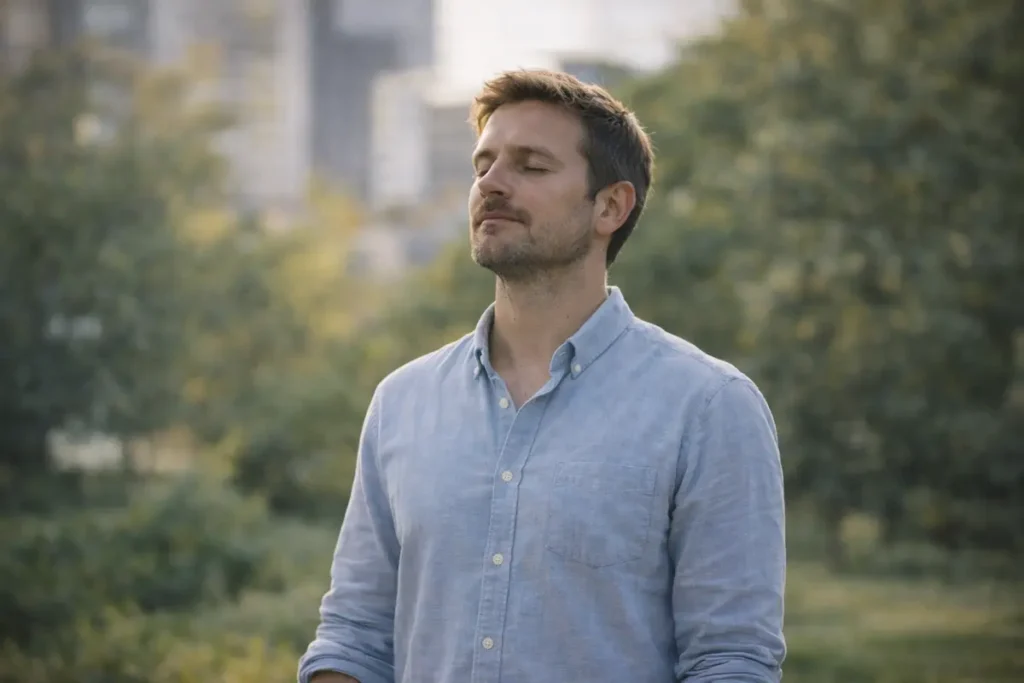 Personne pratiquant une respiration consciente dans un parc pour réduire le stress permanent