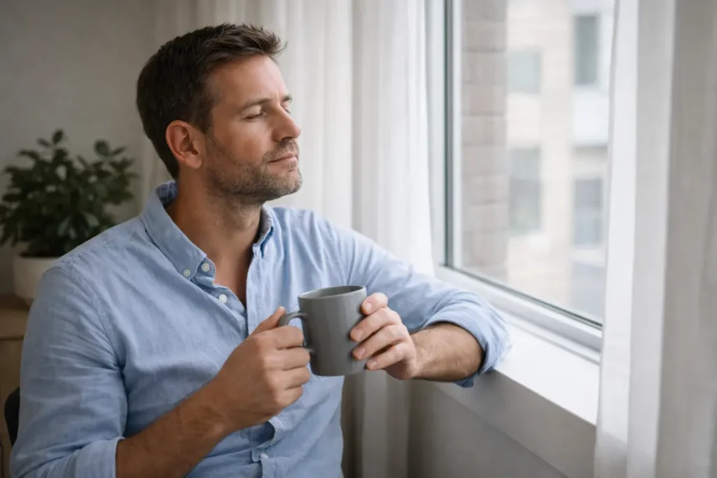 Personne prenant une pause calme près d’une fenêtre pour récupérer après un épuisement mental