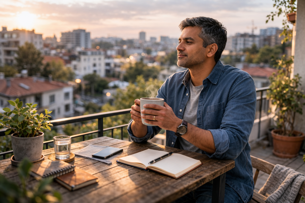 Se sentir dépassé : balcon matinal, tasse chaude, carnet de gratitude, ambiance sereine, couleurs naturelles.