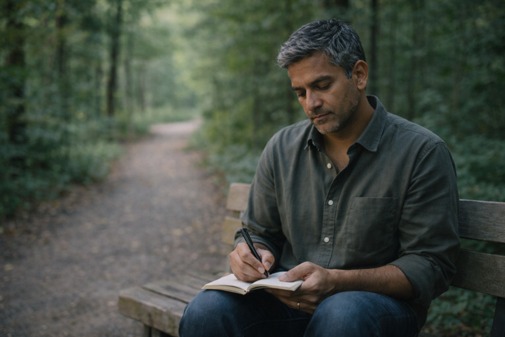 Se sentir dépassé : marche en forêt, arrêt sur banc, notes sur carnet, respiration lente, lumière douce.