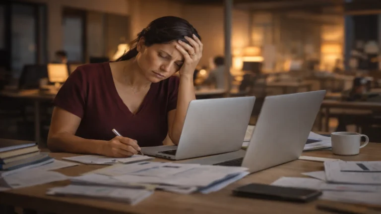 Professionnelle fatiguée dans un open space montrant les signes d’un stress permanent et d’une surcharge mentale
