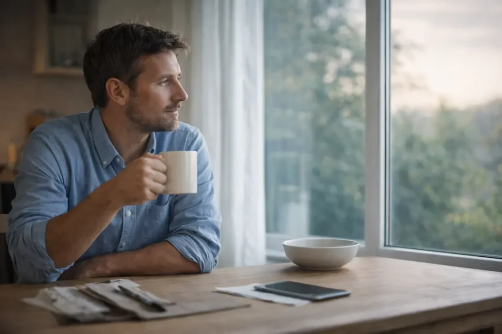 Homme pensif à la maison réalisant les effets d’un stress permanent dans son quotidien