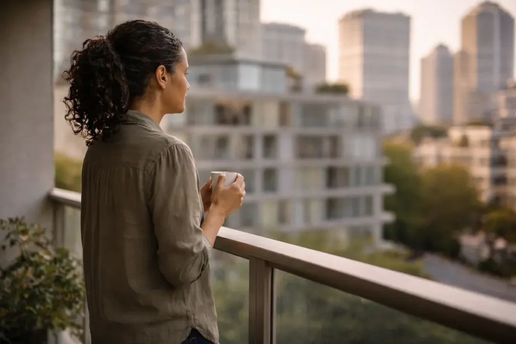 Femme sur un balcon le matin, moment de réflexion et prise de conscience des symptômes de stress, lumière douce.
