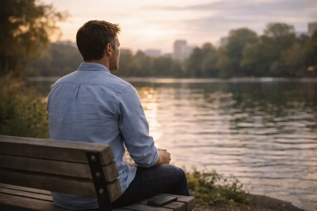 Homme assis au bord de l’eau au coucher du soleil, apaisement après des symptômes de stress, ambiance sereine.