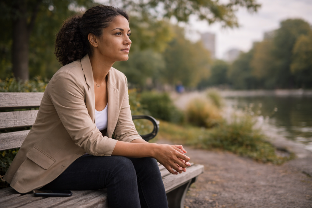 Femme marche dans un parc au coucher du soleil, action simple pour réduire les symptômes de stress, ambiance douce.