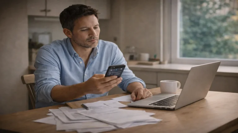 Homme à la table de cuisine le matin, multitâche et symptômes de stress visibles, ambiance maison calme.